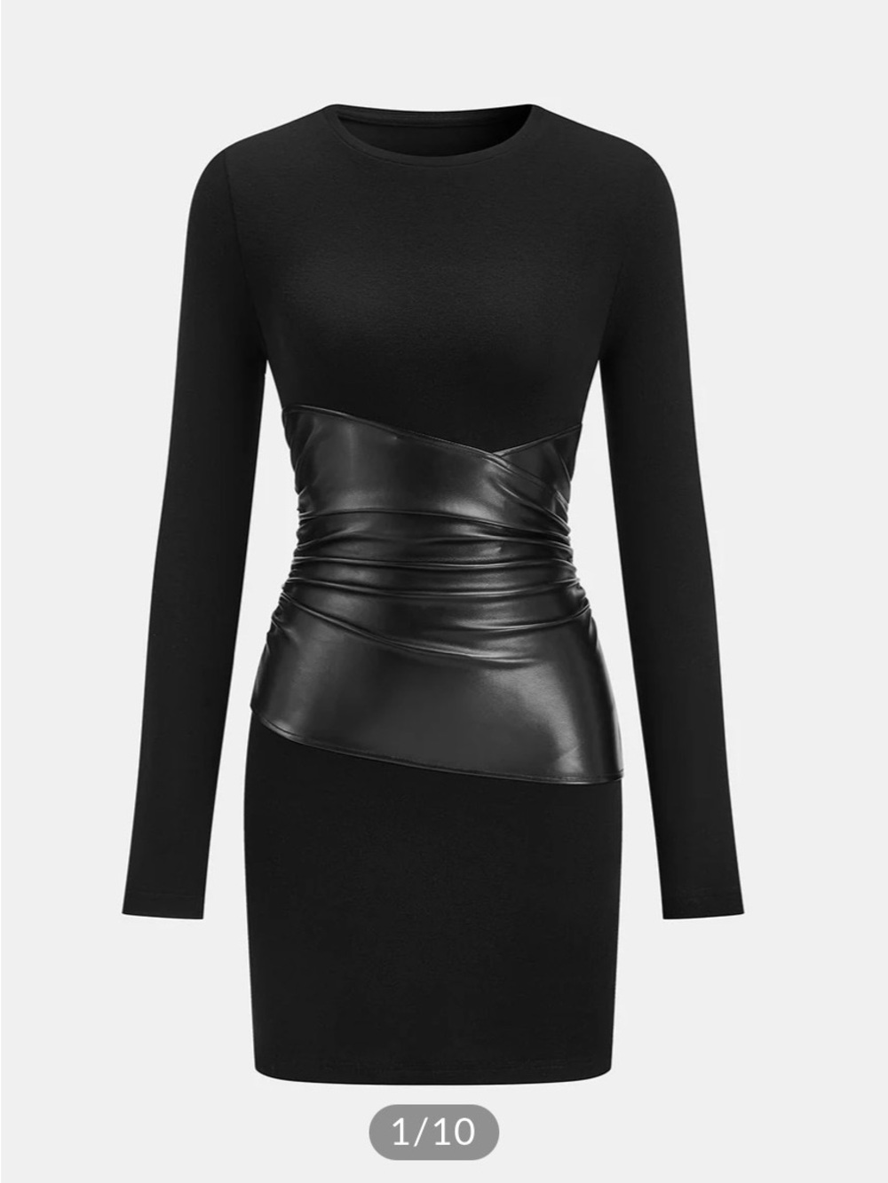 Commense Black Faux-Leather Wrap Panel Waist Long-Sleeve Dress
